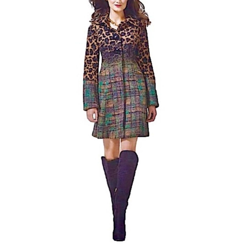 Luii Wool Blend Coat Plaid & Leopard Print Green Size Small